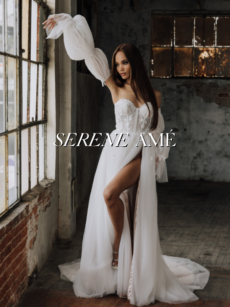 Model wearing a bridal gown by Serene Amé