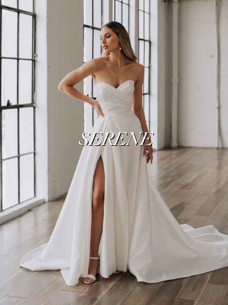 Model wearing a bridal gown by Serene Bridal